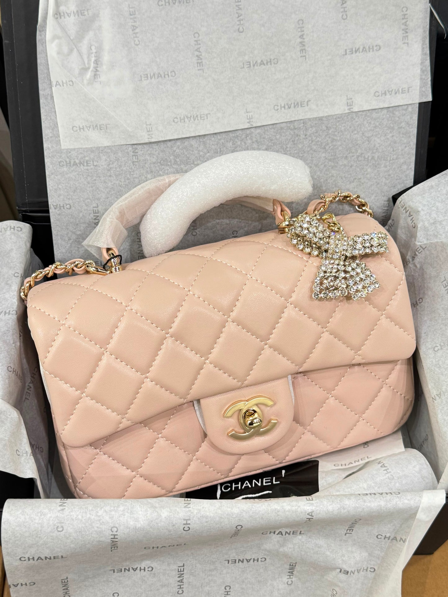 C-H-A-N-E-L Quilted Mini Top Handle Rectangular Flap Bag – Luxury Women Bag (Peach/Beige)