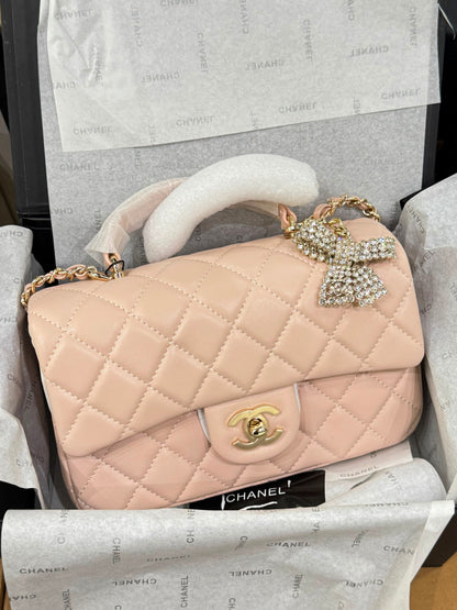 C-H-A-N-E-L Quilted Mini Top Handle Rectangular Flap Bag – Luxury Women Bag (Peach/Beige)