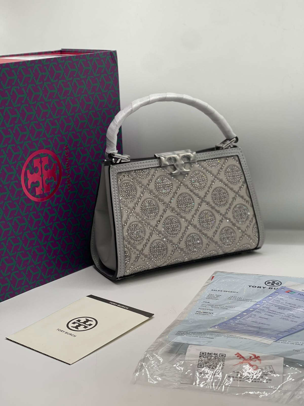 T-O-R-Y B-U-R-C-H Eleanor T Monogram Hotfix Mini Satchel – Signature Luxe Women Bag (Silver)