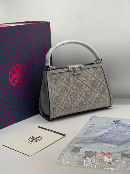 T-O-R-Y B-U-R-C-H Eleanor T Monogram Hotfix Mini Satchel – Signature Luxe Women Bag (Silver)
