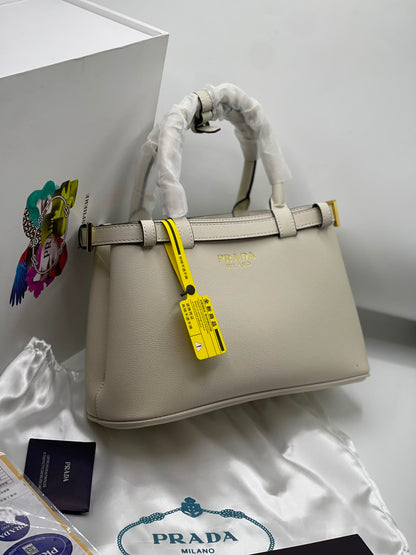 P-R-A-D-A Buckle Small Handbag with Double Belt – Elegant Luxe Women Bag (White/Grey)
