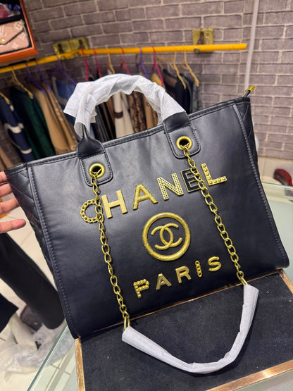 C-H-A-N-E-L Black Deauville Tote – Premium Quality Women Bag | Gold-Tone Hardware