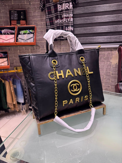 C-H-A-N-E-L Black Deauville Tote – Premium Quality Women Bag | Gold-Tone Hardware