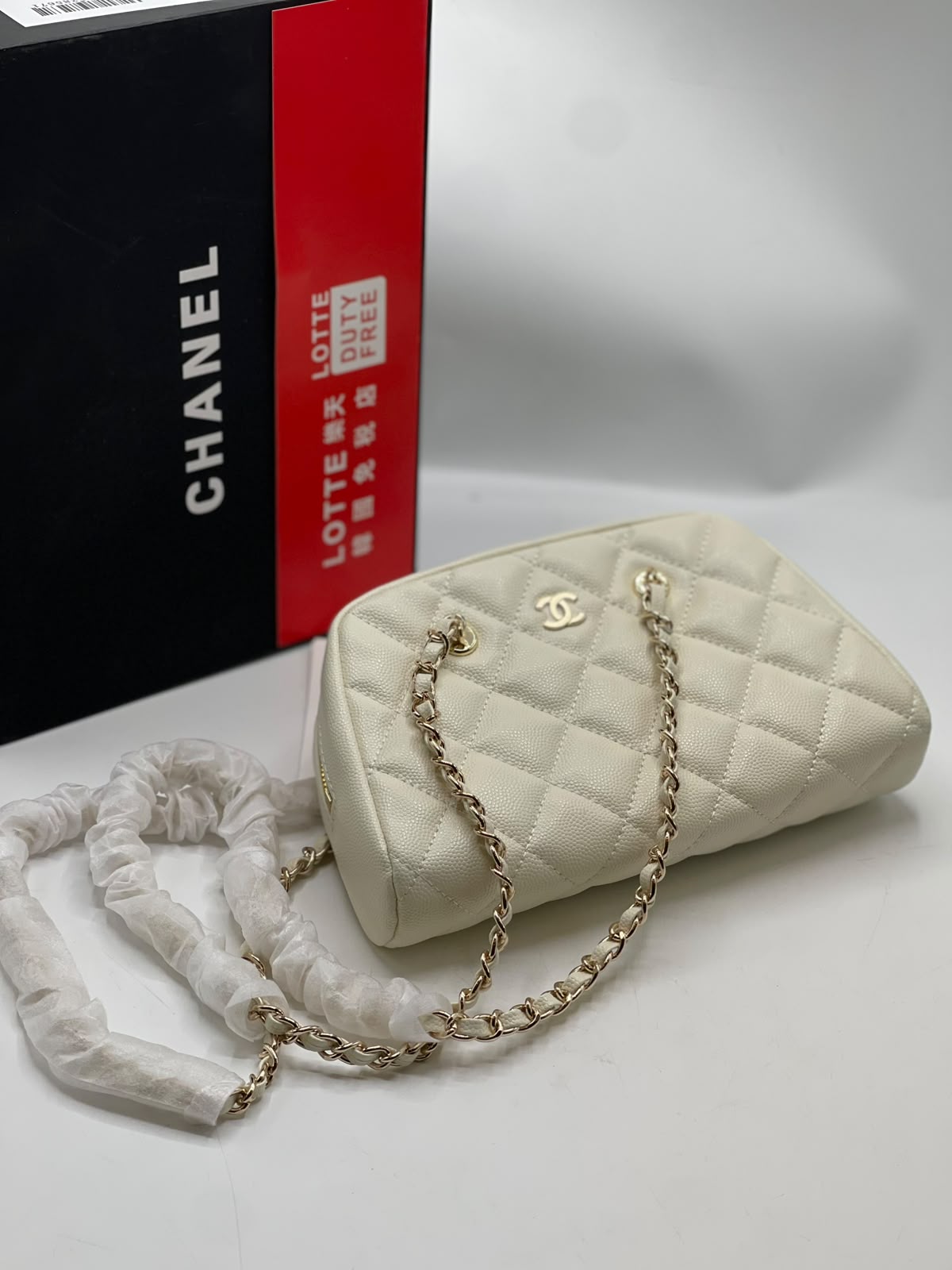 C-H-A-N-E-L Small Bowling Bag – Premium Quality Women Bag | Brand Box & Dust Bag (White)