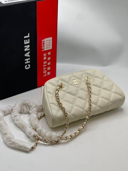 C-H-A-N-E-L Small Bowling Bag – Premium Quality Women Bag | Brand Box & Dust Bag (White)