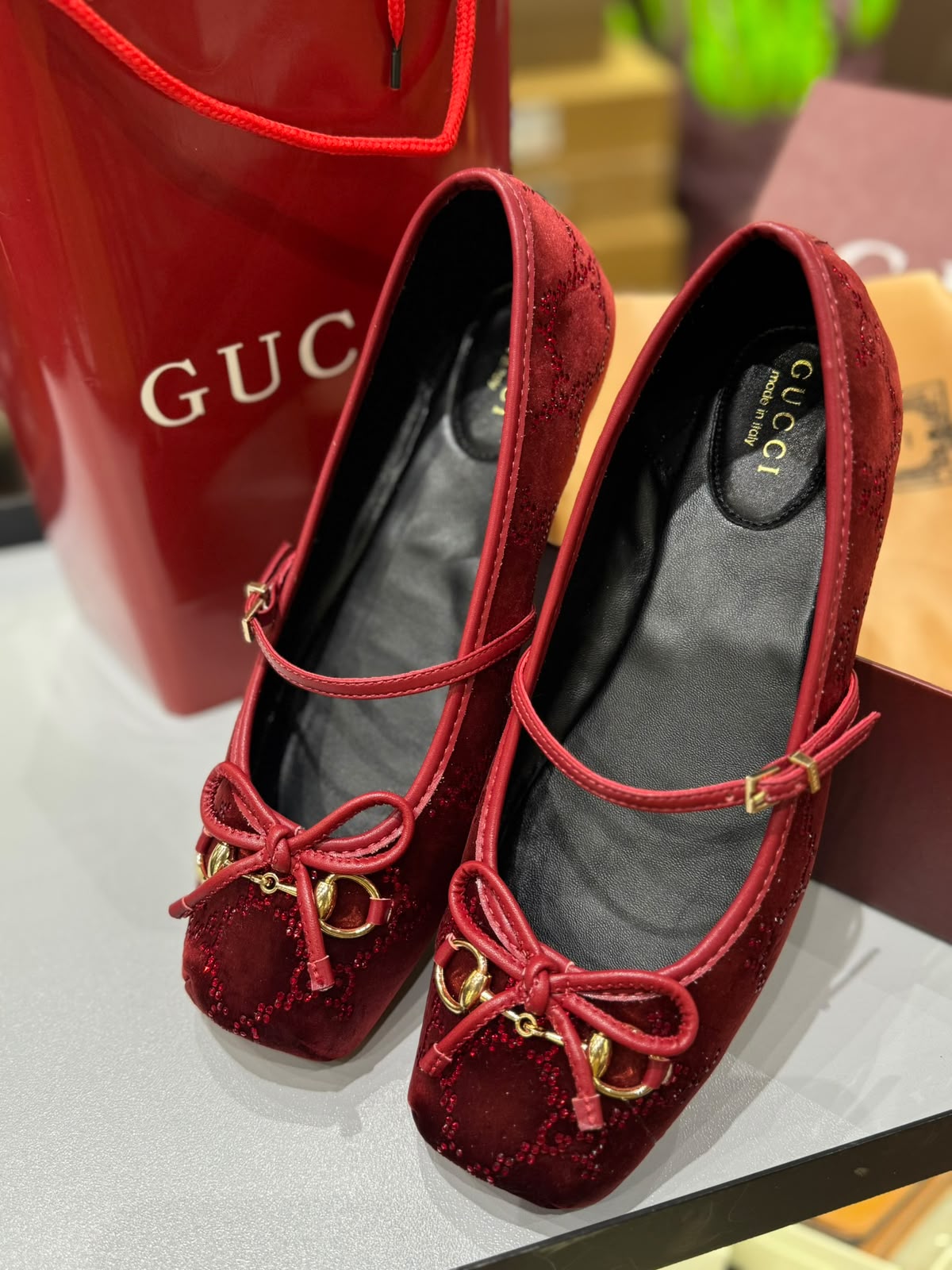 G-U-C-C-I Women's Horsebit Velvet Ballet Pumps – Sequined GG Monogram | Mary Jane Flats | Luxury Women Footwear (Maroon)