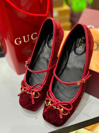 G-U-C-C-I Women's Horsebit Velvet Ballet Pumps – Sequined GG Monogram | Mary Jane Flats | Luxury Women Footwear (Maroon)