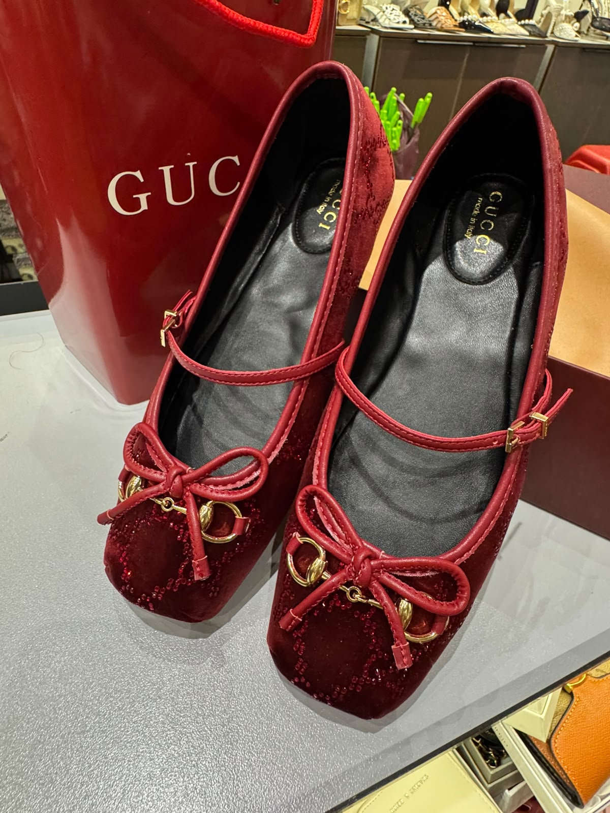 G-U-C-C-I Women's Horsebit Velvet Ballet Pumps – Sequined GG Monogram | Mary Jane Flats | Luxury Women Footwear (Maroon)