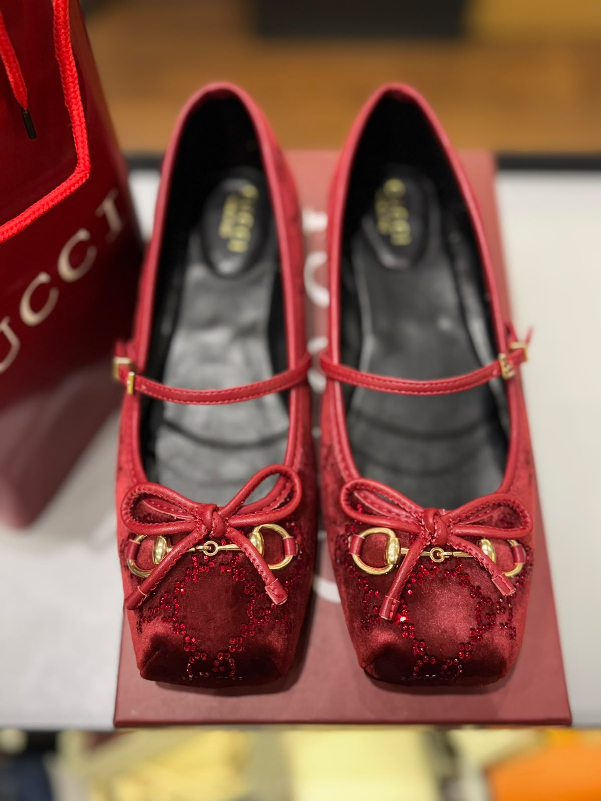 G-U-C-C-I Women's Horsebit Velvet Ballet Pumps – Sequined GG Monogram | Mary Jane Flats | Luxury Women Footwear (Maroon)