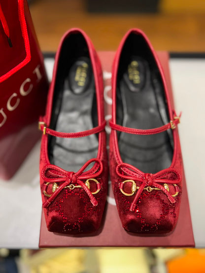G-U-C-C-I Women's Horsebit Velvet Ballet Pumps – Sequined GG Monogram | Mary Jane Flats | Luxury Women Footwear (Maroon)
