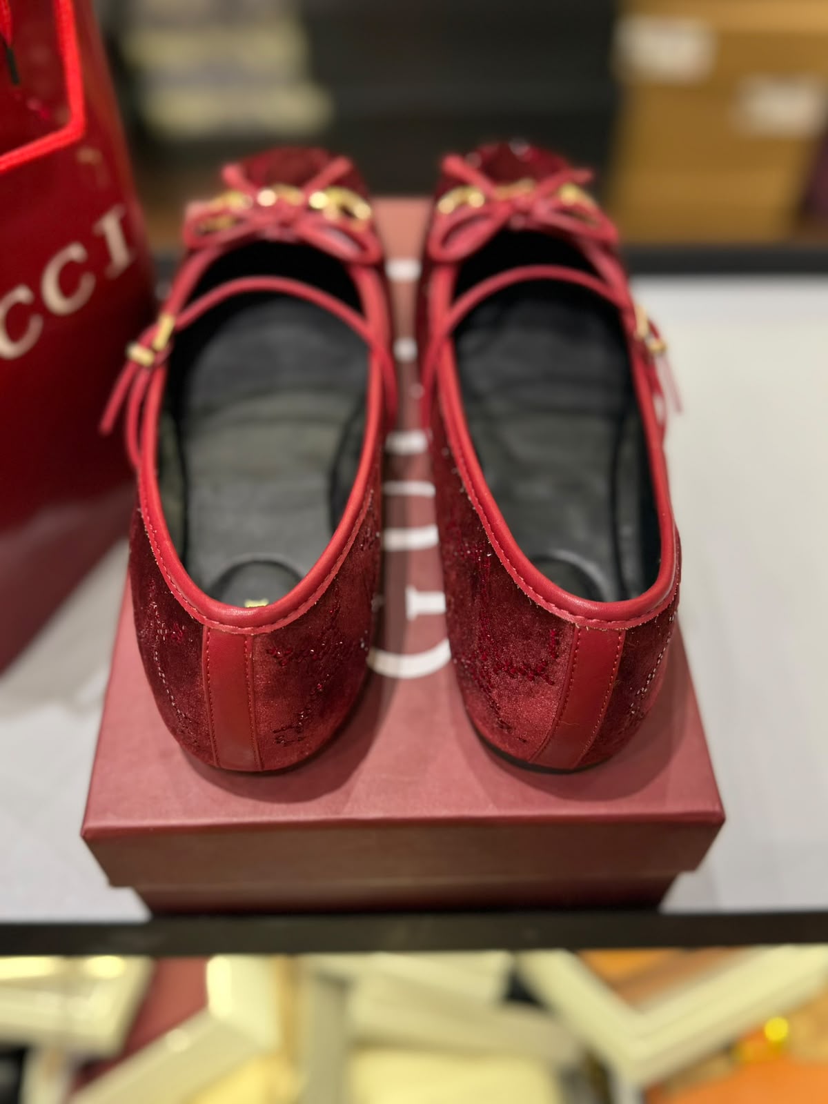 G-U-C-C-I Women's Horsebit Velvet Ballet Pumps – Sequined GG Monogram | Mary Jane Flats | Luxury Women Footwear (Maroon)