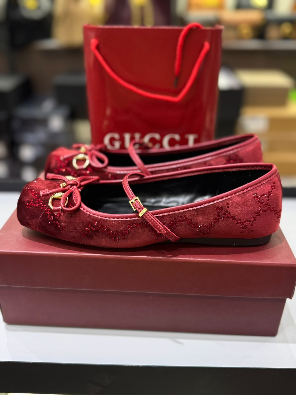 G-U-C-C-I Women's Horsebit Velvet Ballet Pumps – Sequined GG Monogram | Mary Jane Flats | Luxury Women Footwear (Maroon)