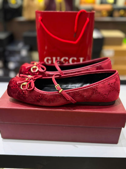 G-U-C-C-I Women's Horsebit Velvet Ballet Pumps – Sequined GG Monogram | Mary Jane Flats | Luxury Women Footwear (Maroon)