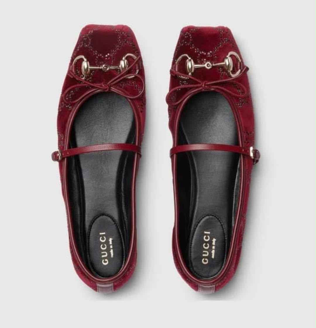 G-U-C-C-I Women's Horsebit Velvet Ballet Pumps – Sequined GG Monogram | Mary Jane Flats | Luxury Women Footwear (Maroon)