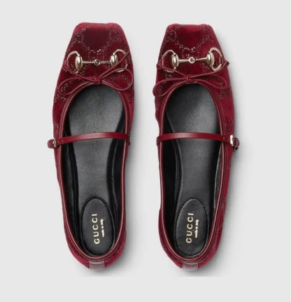 G-U-C-C-I Women's Horsebit Velvet Ballet Pumps – Sequined GG Monogram | Mary Jane Flats | Luxury Women Footwear (Maroon)