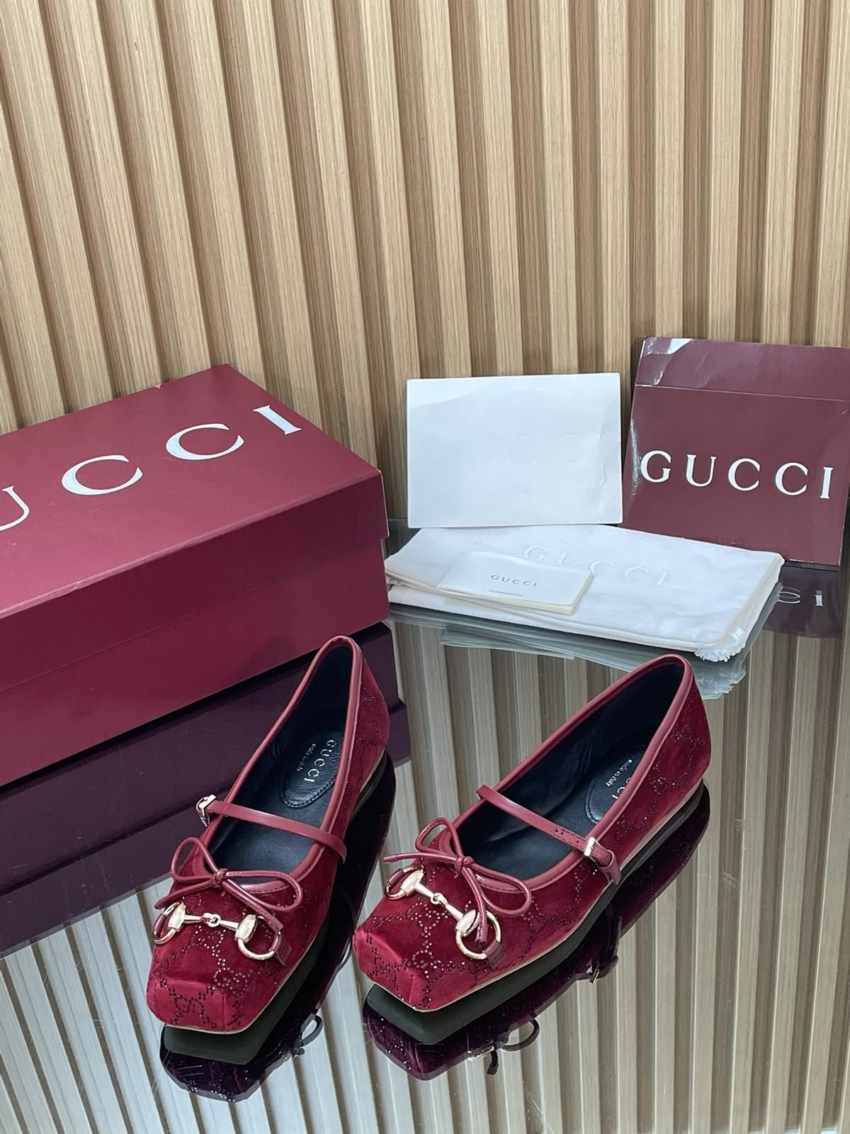 G-U-C-C-I Women's Horsebit Velvet Ballet Pumps – Sequined GG Monogram | Mary Jane Flats | Luxury Women Footwear (Maroon)