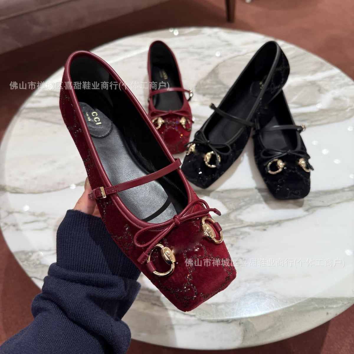 G-U-C-C-I Women's Horsebit Velvet Ballet Pumps – Sequined GG Monogram | Mary Jane Flats | Luxury Women Footwear (Maroon)