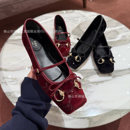 G-U-C-C-I Women's Horsebit Velvet Ballet Pumps – Sequined GG Monogram | Mary Jane Flats | Luxury Women Footwear (Maroon)