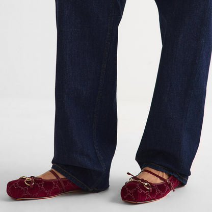 G-U-C-C-I Women's Horsebit Velvet Ballet Pumps – Sequined GG Monogram | Mary Jane Flats | Luxury Women Footwear (Maroon)