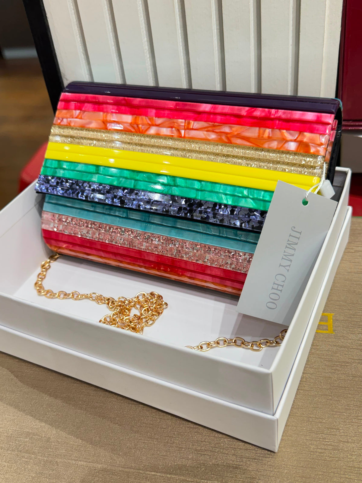 J-I-M-M-Y C-H-O-O Party Envelope Clutch – Premium Quality Women Bag | Glitter Perspex (Multi Color Design B)