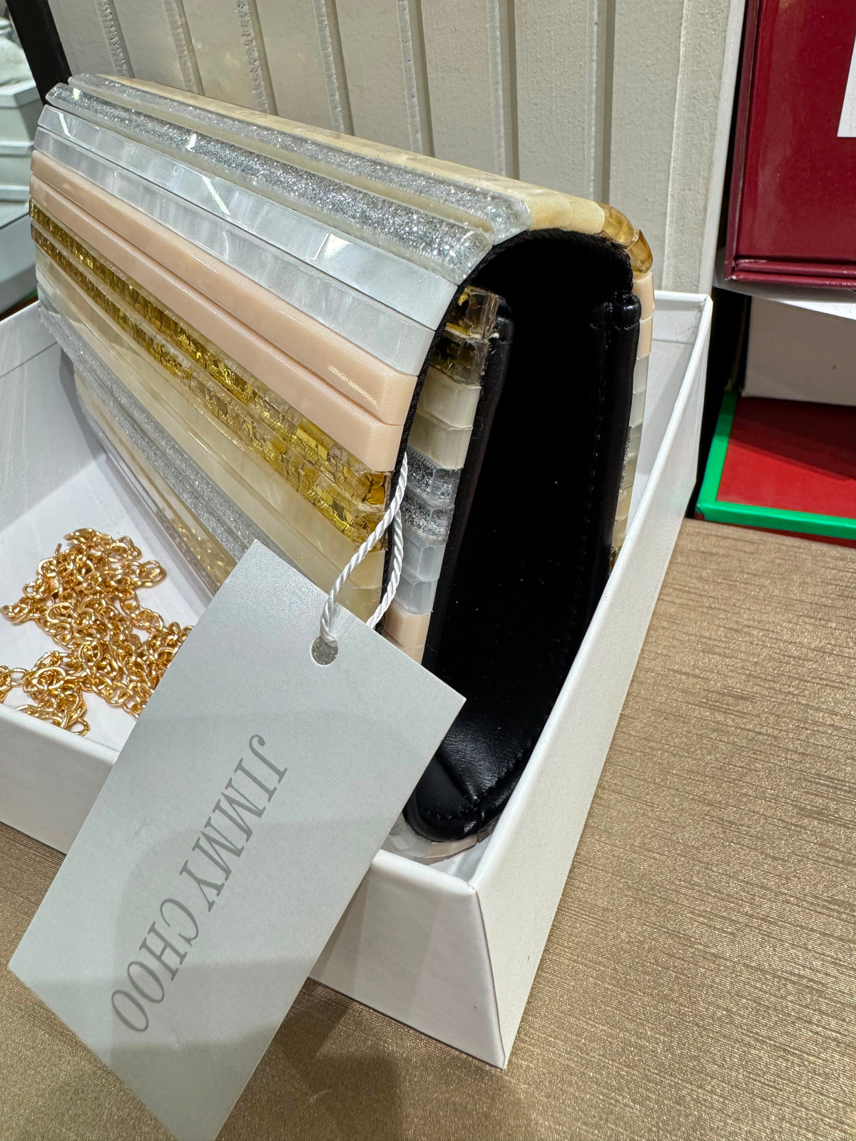 J-I-M-M-Y C-H-O-O Party Envelope Clutch – Premium Quality Women Bag | Glitter Perspex (Multi Color Design A)