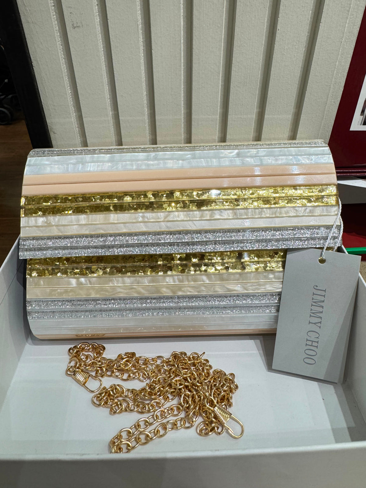J-I-M-M-Y C-H-O-O Party Envelope Clutch – Premium Quality Women Bag | Glitter Perspex (Multi Color Design A)