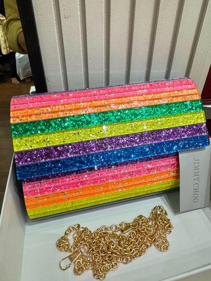 J-I-M-M-Y C-H-O-O Party Envelope Clutch – Premium Quality Women Bag | Glitter Perspex (Multi Color Design B)