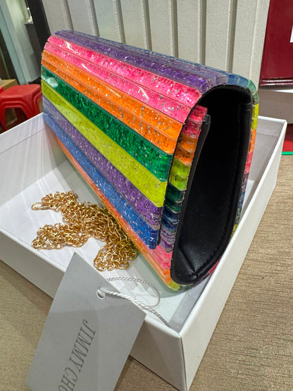 J-I-M-M-Y C-H-O-O Party Envelope Clutch – Premium Quality Women Bag | Glitter Perspex (Multi Color Design B)