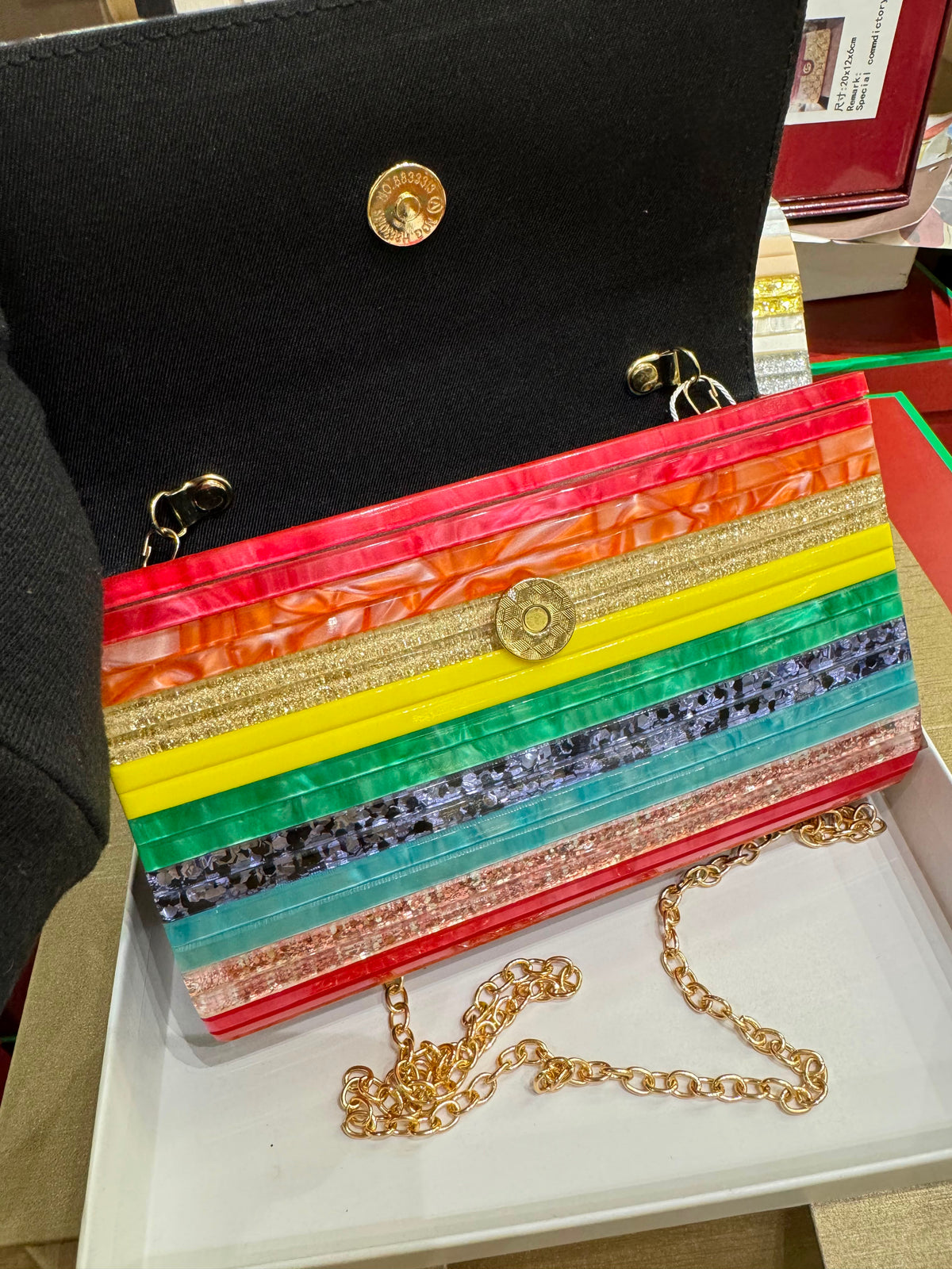 J-I-M-M-Y C-H-O-O Party Envelope Clutch – Premium Quality Women Bag | Glitter Perspex (Multi Color Design B)