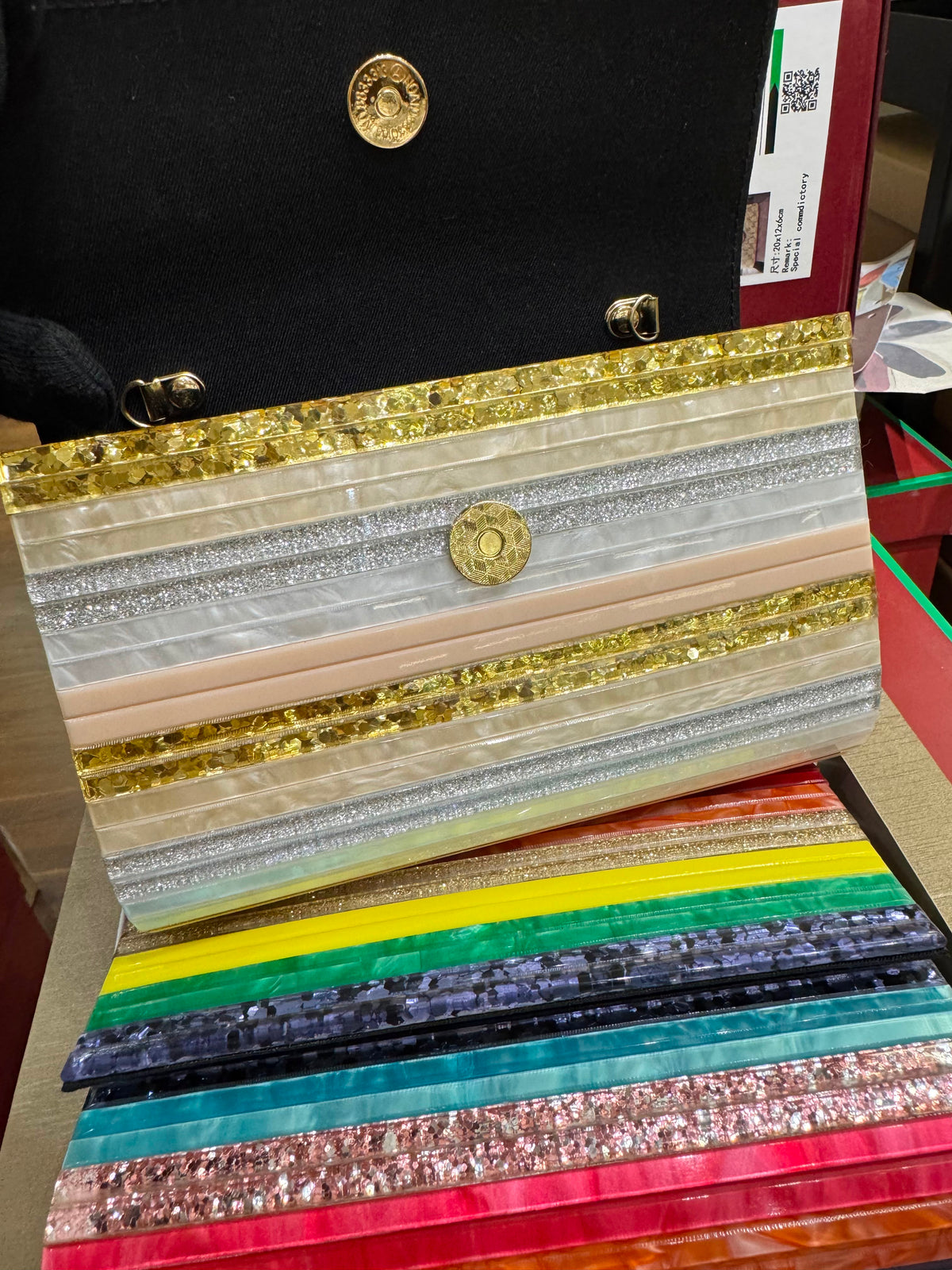 J-I-M-M-Y C-H-O-O Party Envelope Clutch – Premium Quality Women Bag | Glitter Perspex (Multi Color Design B)