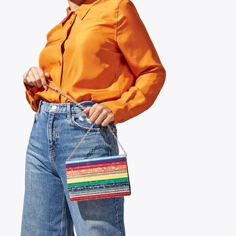 J-I-M-M-Y C-H-O-O Party Envelope Clutch – Premium Quality Women Bag | Glitter Perspex (Multi Color Design B)