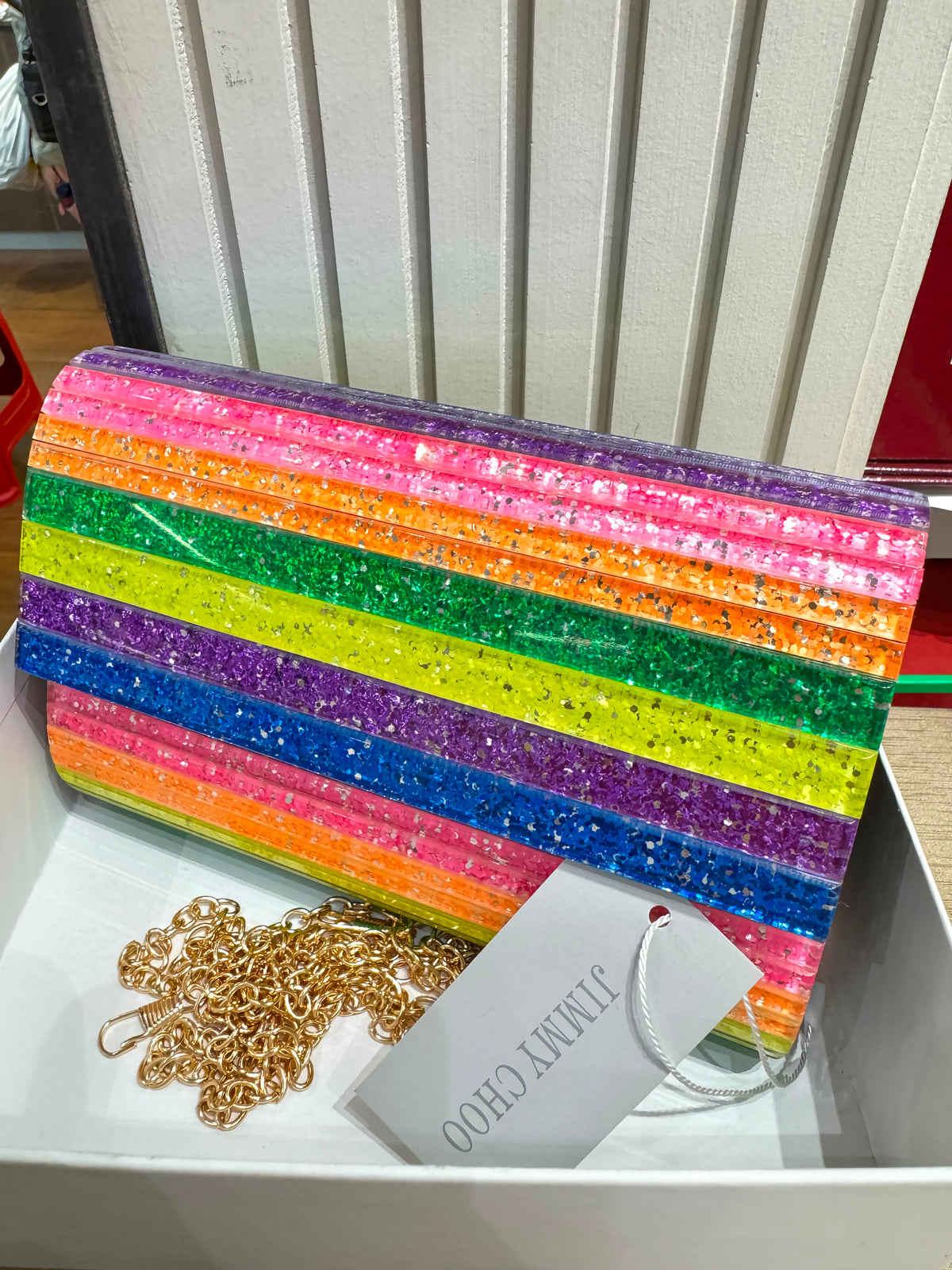 J-I-M-M-Y C-H-O-O Party Envelope Clutch – Premium Quality Women Bag | Glitter Perspex (Multi Color Design B)