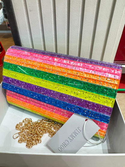 J-I-M-M-Y C-H-O-O Party Envelope Clutch – Premium Quality Women Bag | Glitter Perspex (Multi Color Design B)