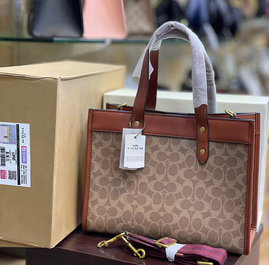 C-O-A-C-H Field Tote 30 In Colorblock With Coach Badge – Premium Quality Women Bag | Double Box Packaging (Brown Beige)