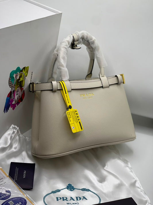 P-R-A-D-A Small Buckle Tote Bag – Caramel Brown | Premium Quality Women Bag (Off White)