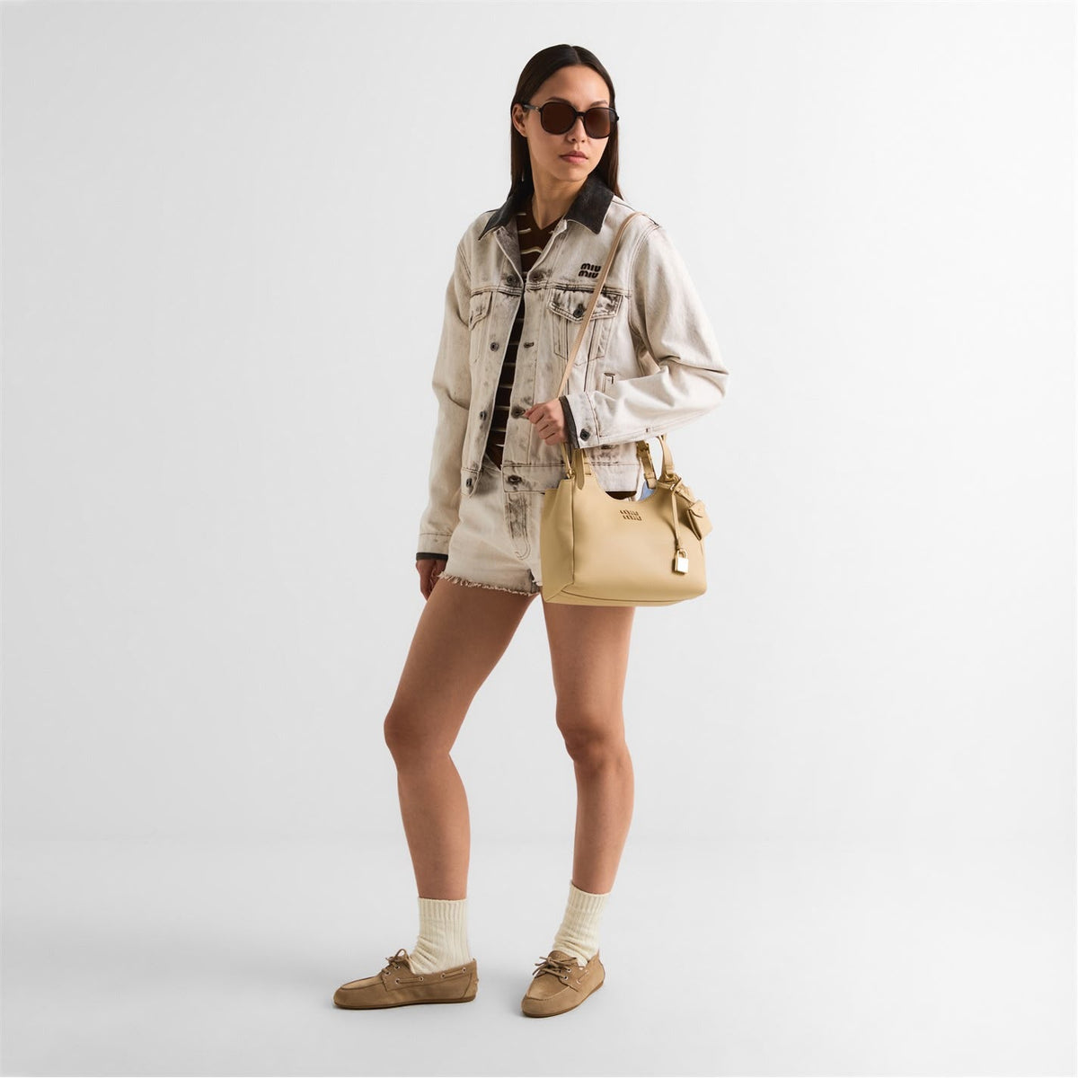 M-I-U M-I-U Leather Bag – Calfskin Travertine/Periwinkle | Gold-Tone Hardware (Beige-Off White)
