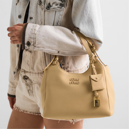 M-I-U M-I-U Leather Bag – Calfskin Travertine/Periwinkle | Gold-Tone Hardware (Beige-Off White)