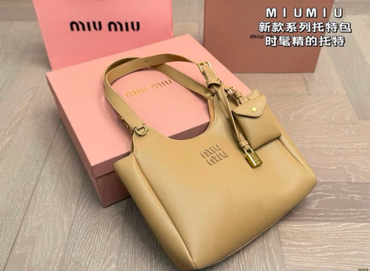 M-I-U M-I-U Leather Bag – Calfskin Travertine/Periwinkle | Gold-Tone Hardware (Beige-Off White)