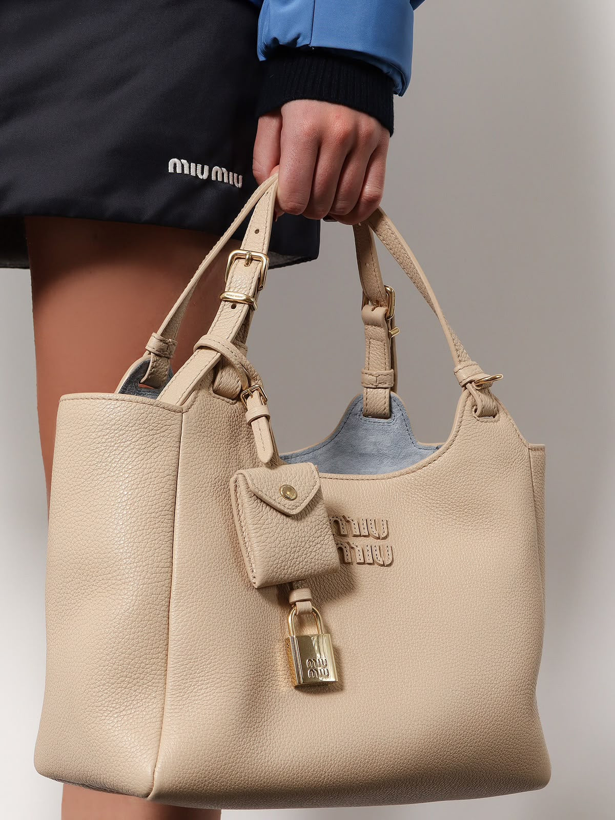 M-I-U M-I-U Leather Bag – Calfskin Travertine/Periwinkle | Gold-Tone Hardware (Beige-Off White)