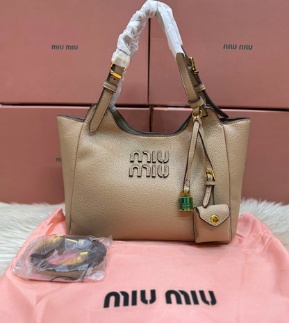 M-I-U M-I-U Leather Bag – Calfskin Travertine/Periwinkle | Gold-Tone Hardware (Beige-Off White)