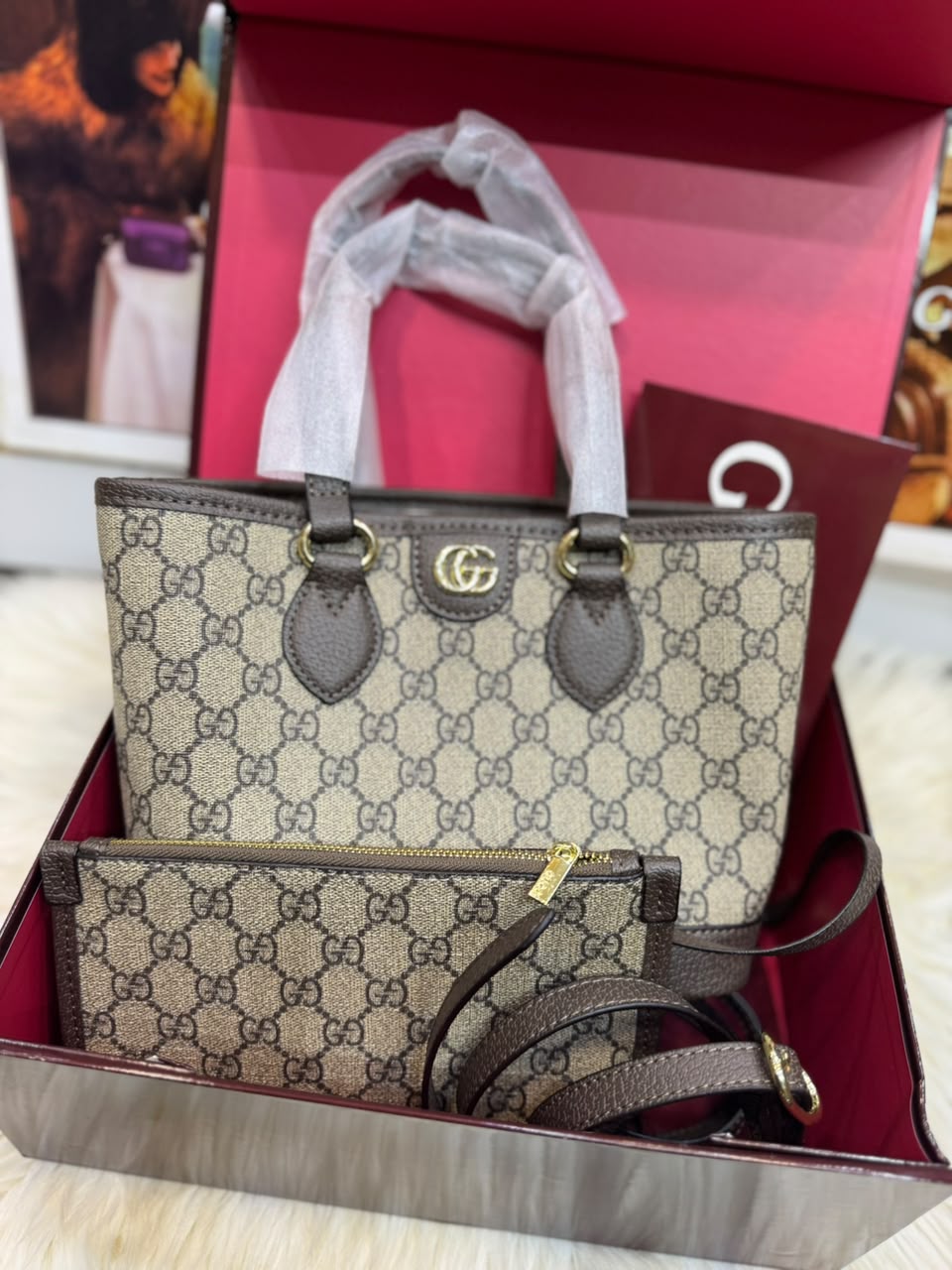 G-U-C-C-I Ophidia Mini Tote Bag – Premium Quality Women Bag | Brand Double Box & Dust Bag (Brown Beige)