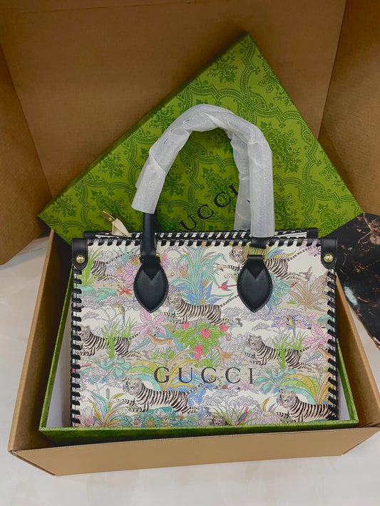 G-U-C-C-I Floral Lavender Tote Bag – Premium Quality Women Bag | Double Box | Black & White