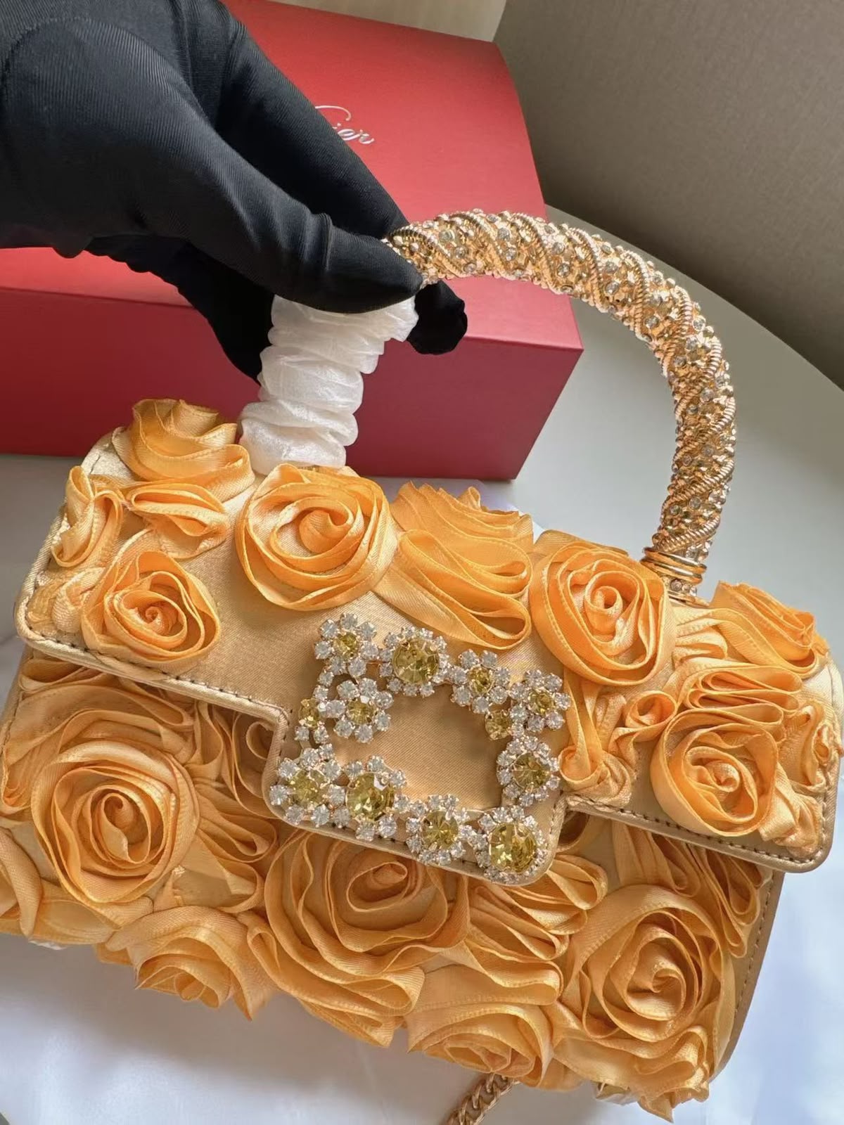 R-O-G-E-R V-I-V-I-E-R Jewel Efflorescence Mini Top Handle Bag – Premium Quality | Complete Brand Packaging (Orange Brown)