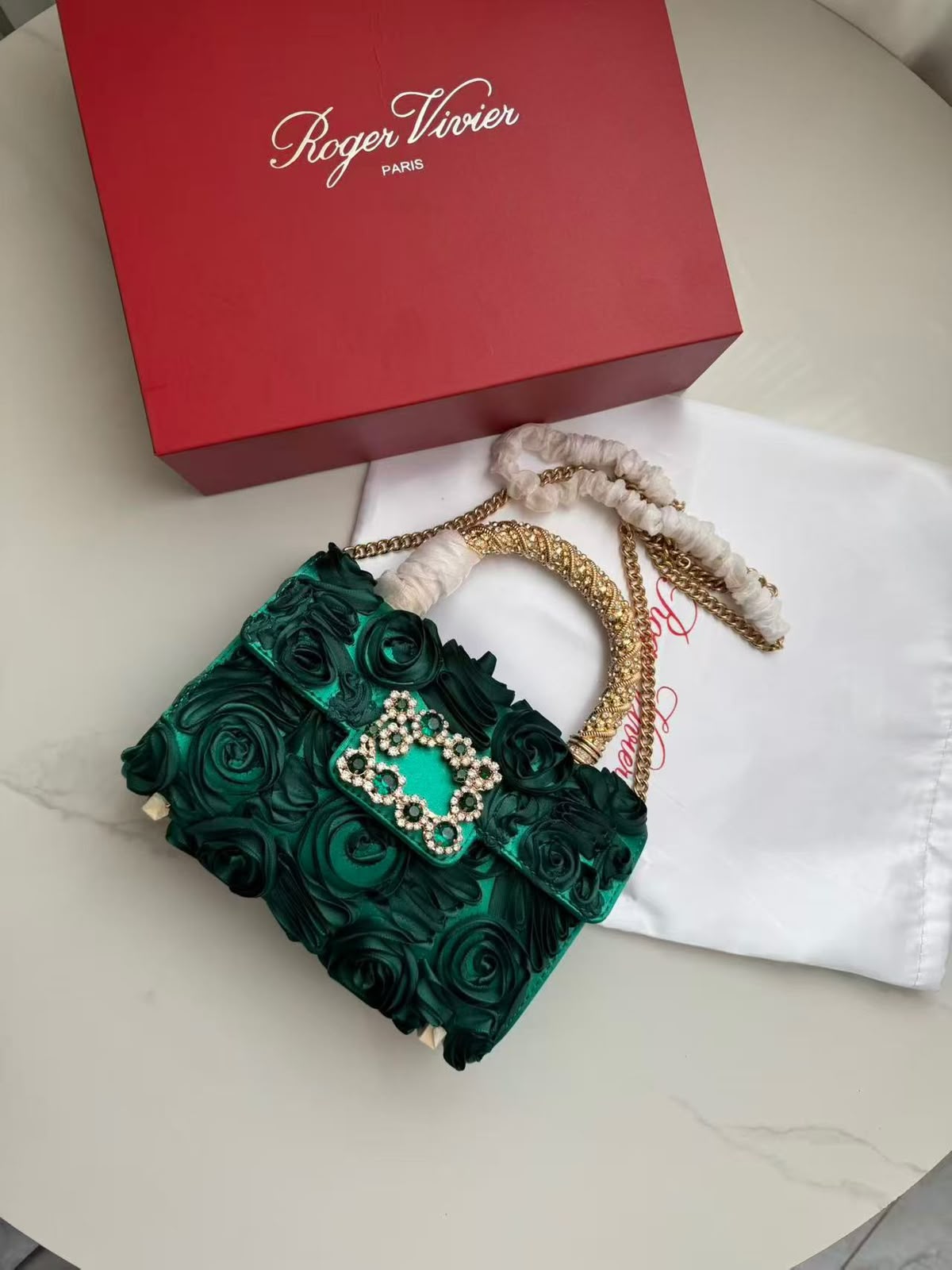 R-O-G-E-R V-I-V-I-E-R Jewel Efflorescence Mini Top Handle Bag – Premium Quality | Complete Brand Packaging (Deep Dark Green)