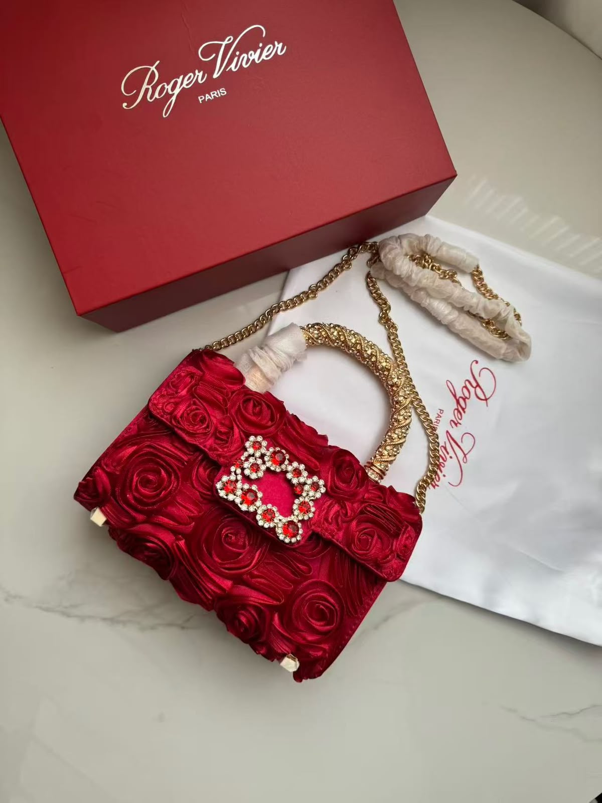 R-O-G-E-R V-I-V-I-E-R Jewel Efflorescence Mini Top Handle Bag – Premium Quality | Complete Brand Packaging (Deep Dark Red)