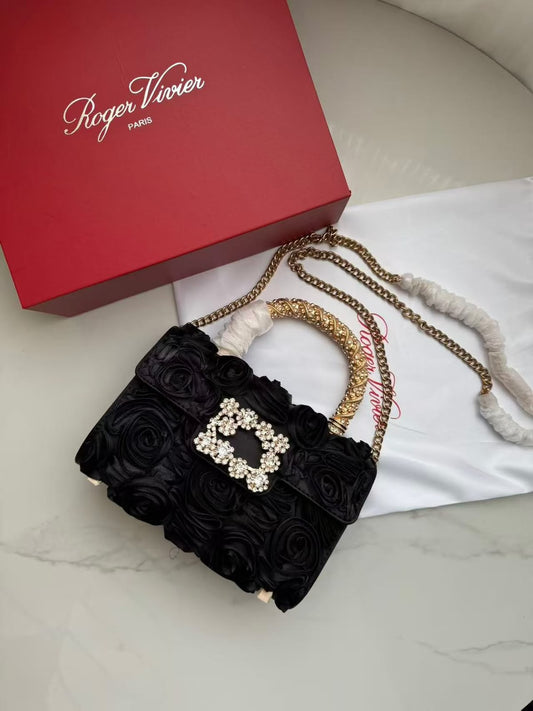 R-O-G-E-R V-I-V-I-E-R Jewel Efflorescence Mini Top Handle Bag – Premium Quality | Complete Brand Packaging (Deep Dark Black)