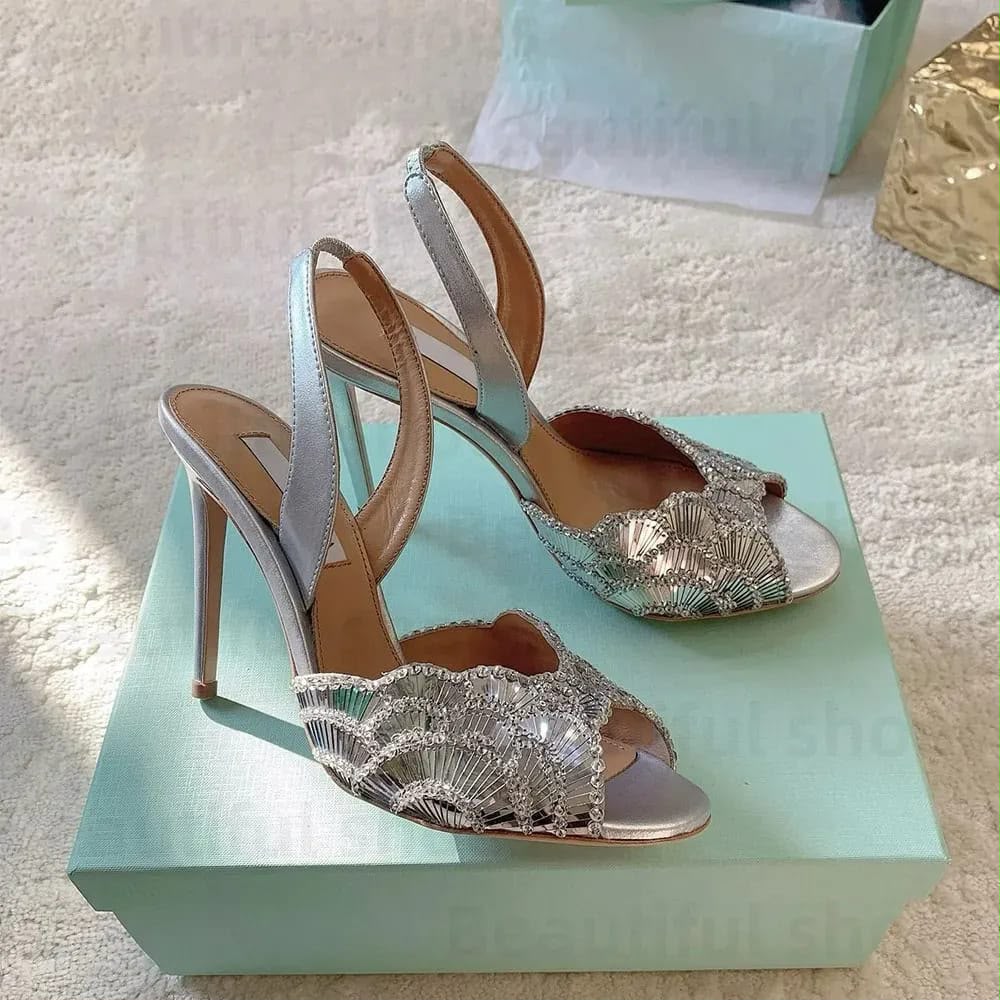 A-Q-U-A-Z-Z-U-R-A Zaura Sling Back Embellished Sandals – Premium Nappa Leather | Luxury Women Footwear (Silver Golden)