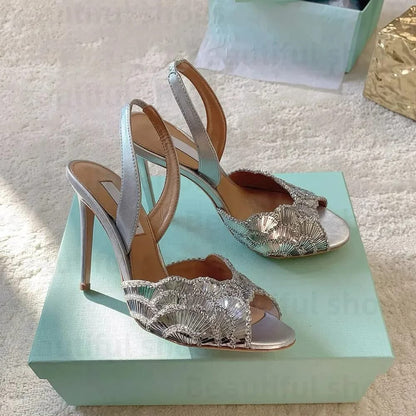 A-Q-U-A-Z-Z-U-R-A Zaura Sling Back Embellished Sandals – Premium Nappa Leather | Luxury Women Footwear (Silver Golden)
