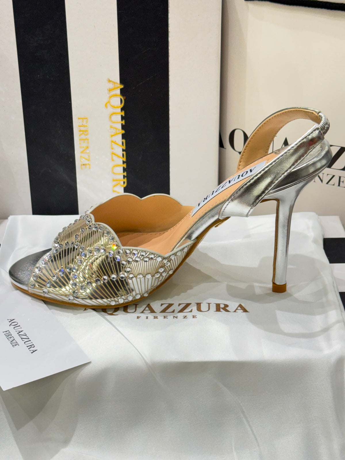 A-Q-U-A-Z-Z-U-R-A Zaura Sling Back Embellished Sandals – Premium Nappa Leather | Luxury Women Footwear (Silver Golden)