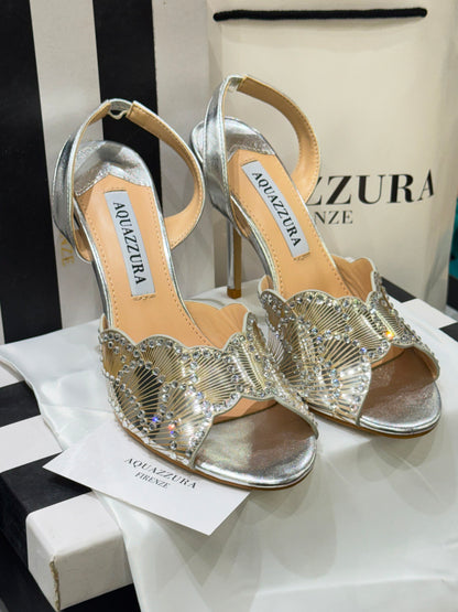 A-Q-U-A-Z-Z-U-R-A Zaura Sling Back Embellished Sandals – Premium Nappa Leather | Luxury Women Footwear (Silver Golden)